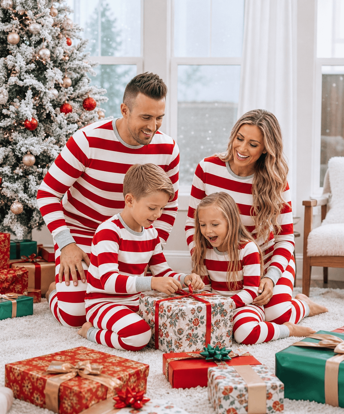 Family wearing matching red and white striped Christmas pyjamas with grey cuffs - view 2