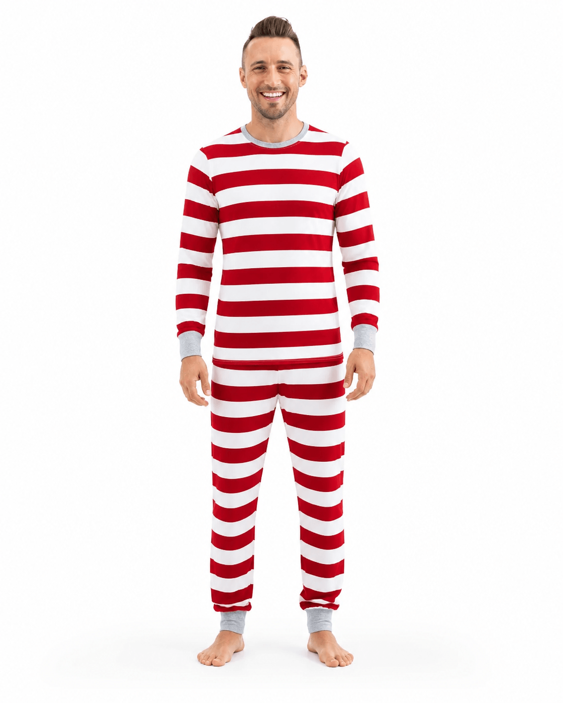 Family wearing matching red and white striped Christmas pyjamas with grey cuffs - view 6