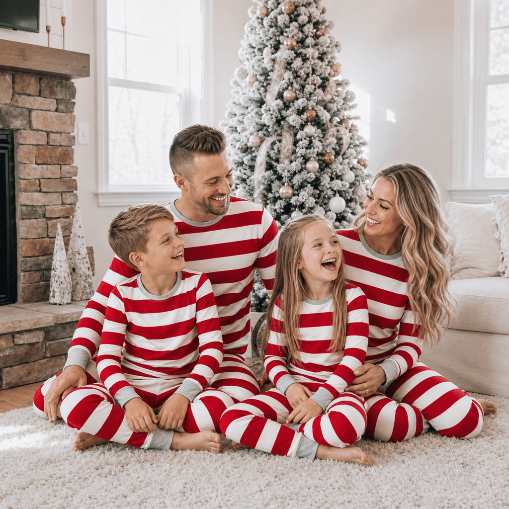 Family wearing matching red and white striped Christmas pyjamas with grey cuffs - view 9