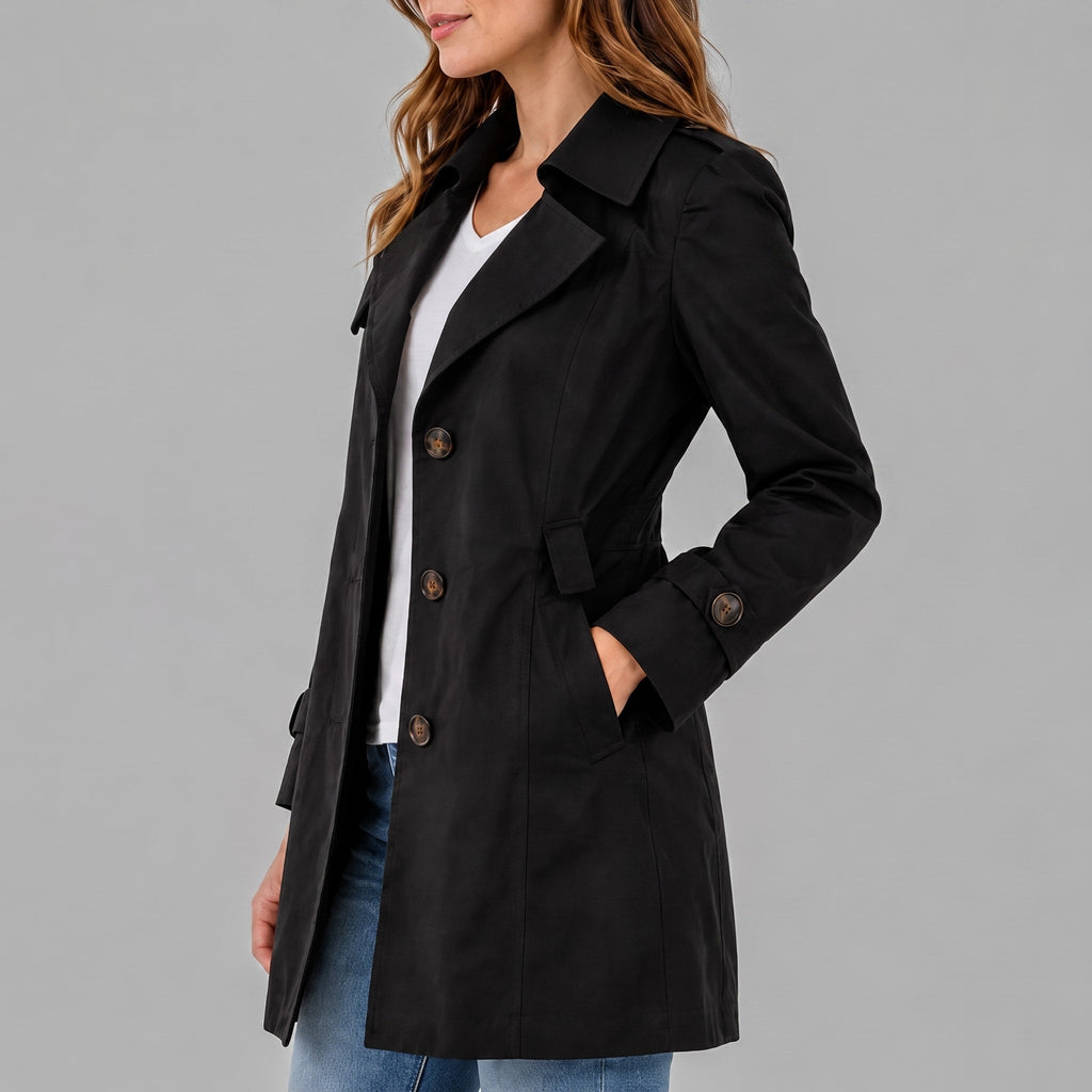 Trench Coat Womens Short Notch Lapel Button Front Fitted Waist