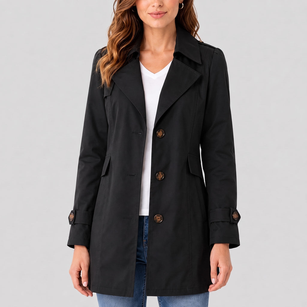 Trench Coat Womens Short Notch Lapel Fitted Waist Button Front Side Pockets Plus Size