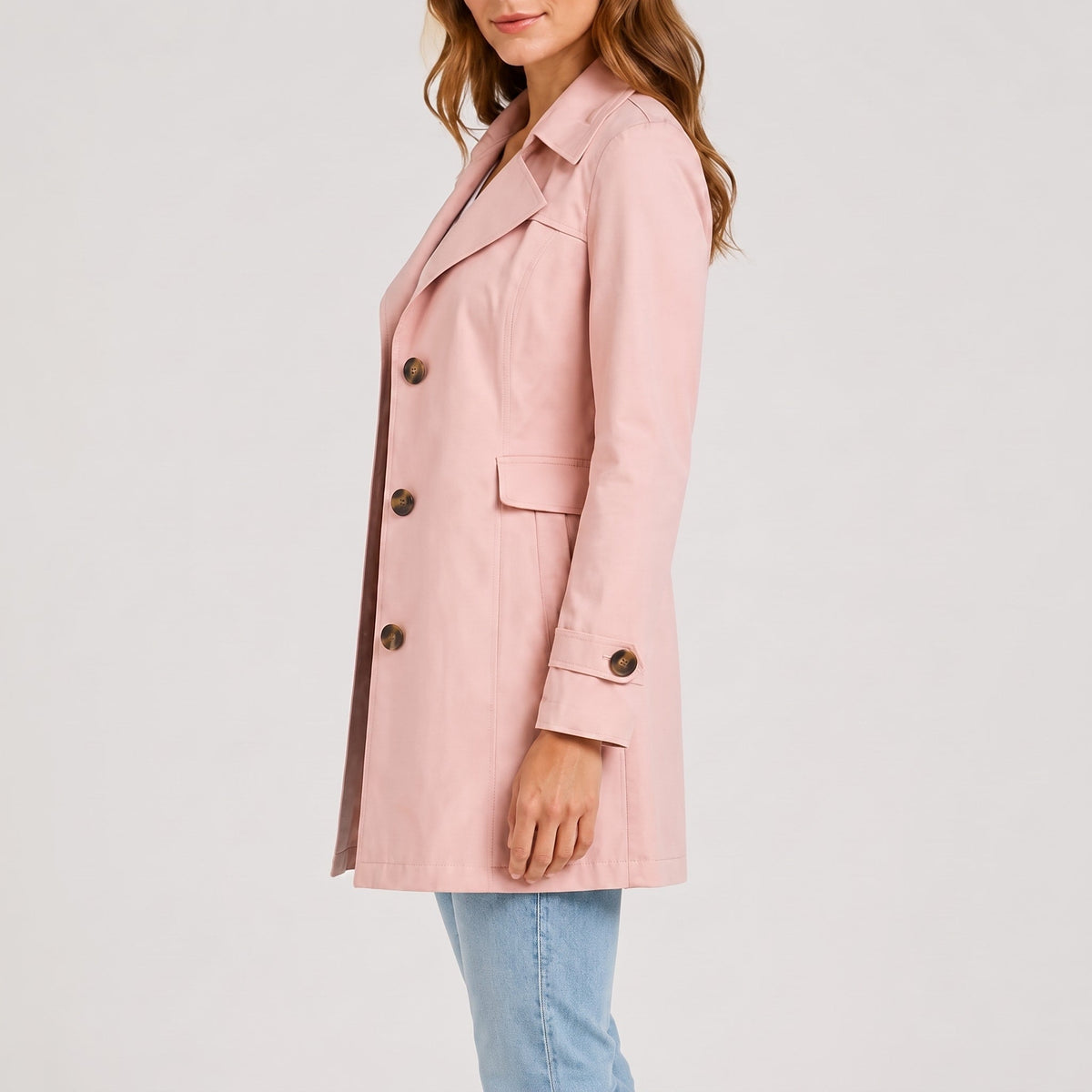 Trench Coat Womens Short Notch Lapel Fitted Waist Button Front Side Pockets Plus Size