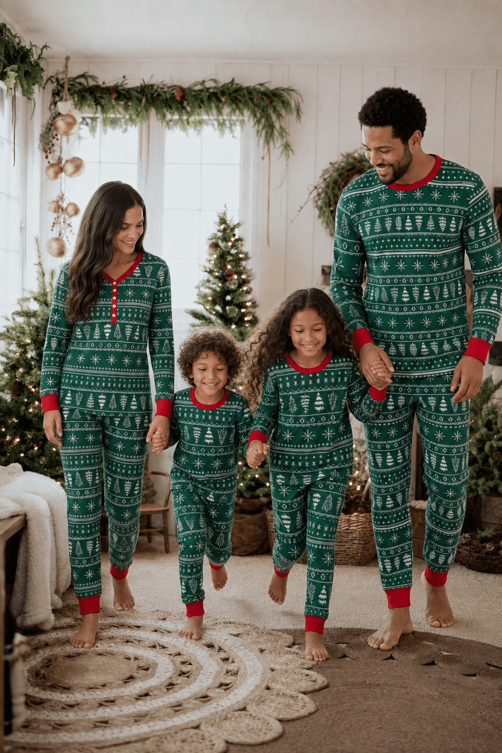 Family wearing matching green Christmas tree print pyjamas with red cuffs
