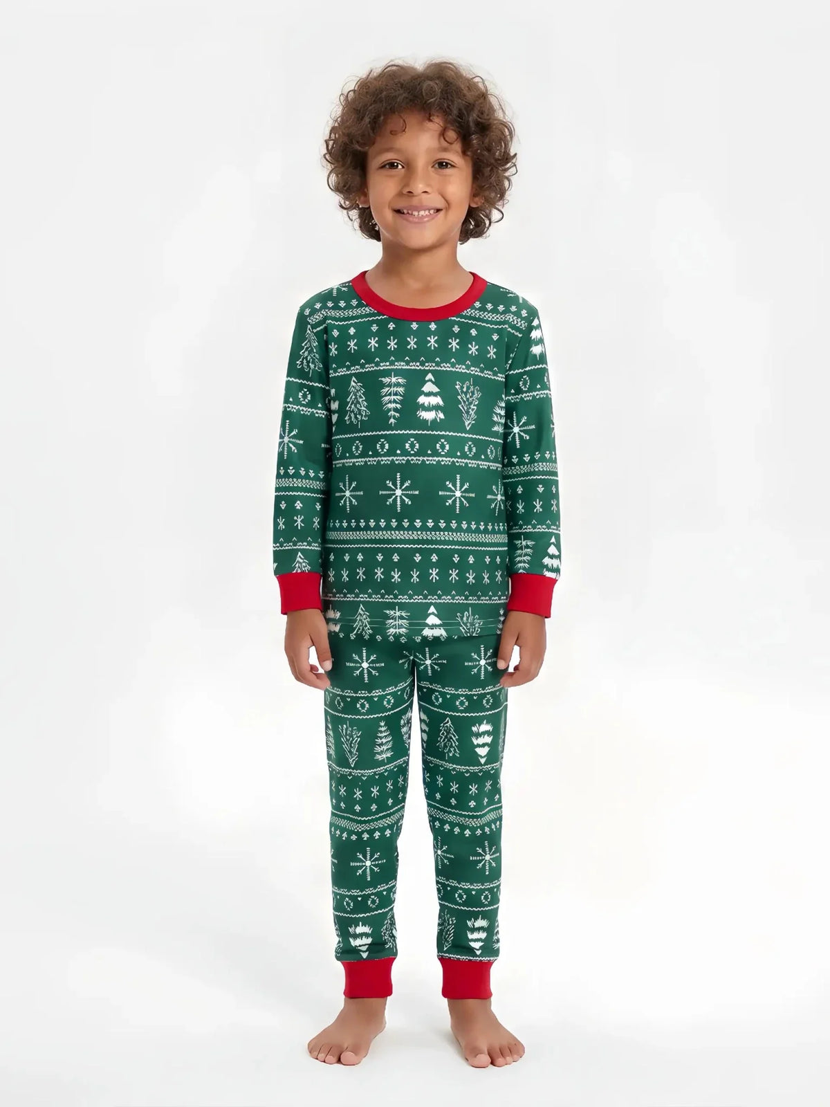 Family wearing matching green Christmas tree print pyjamas with red cuffs - view 12