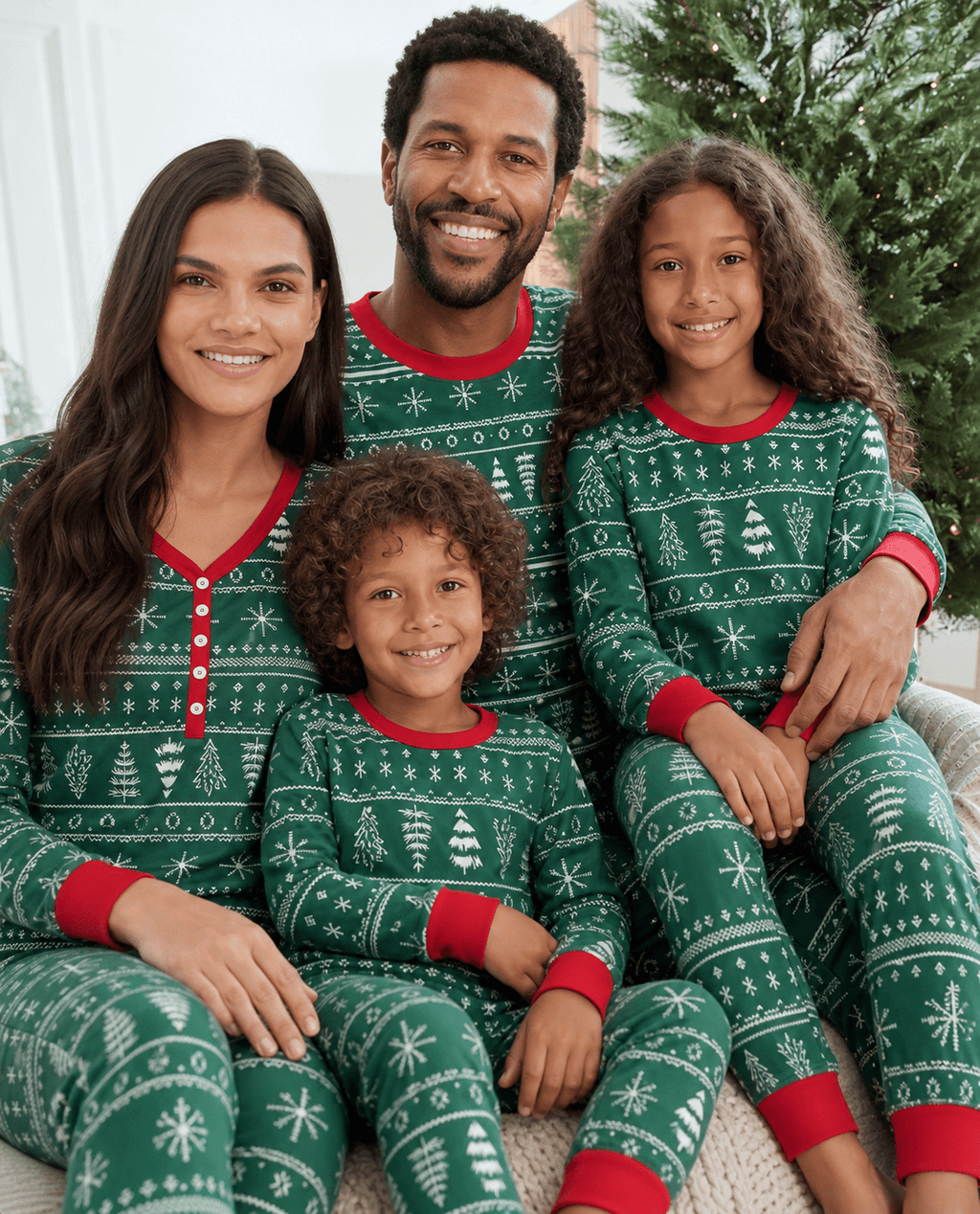 Family wearing matching green Christmas tree print pyjamas with red cuffs - view 2