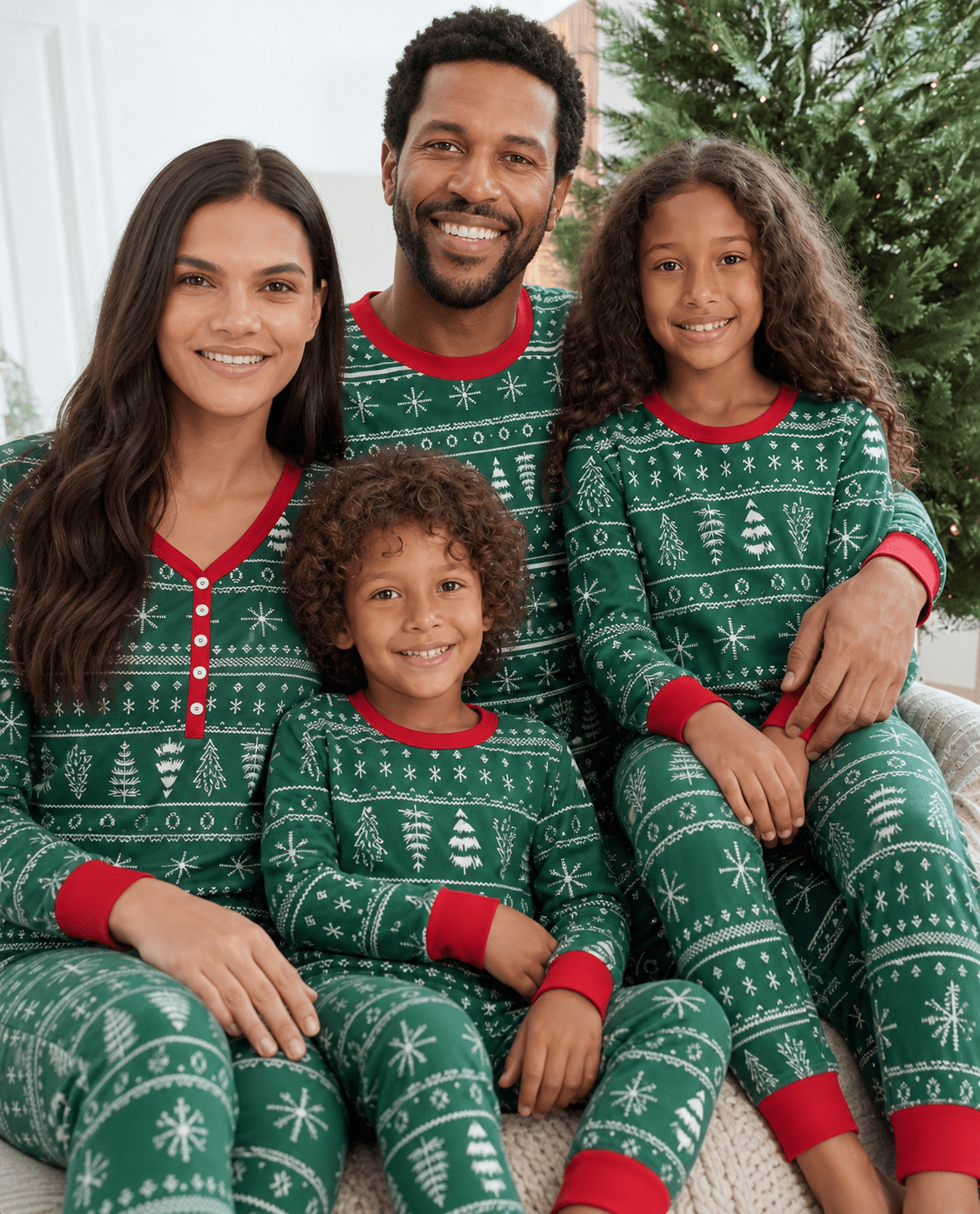Family wearing matching green Christmas tree print pyjamas with red cuffs - view 2