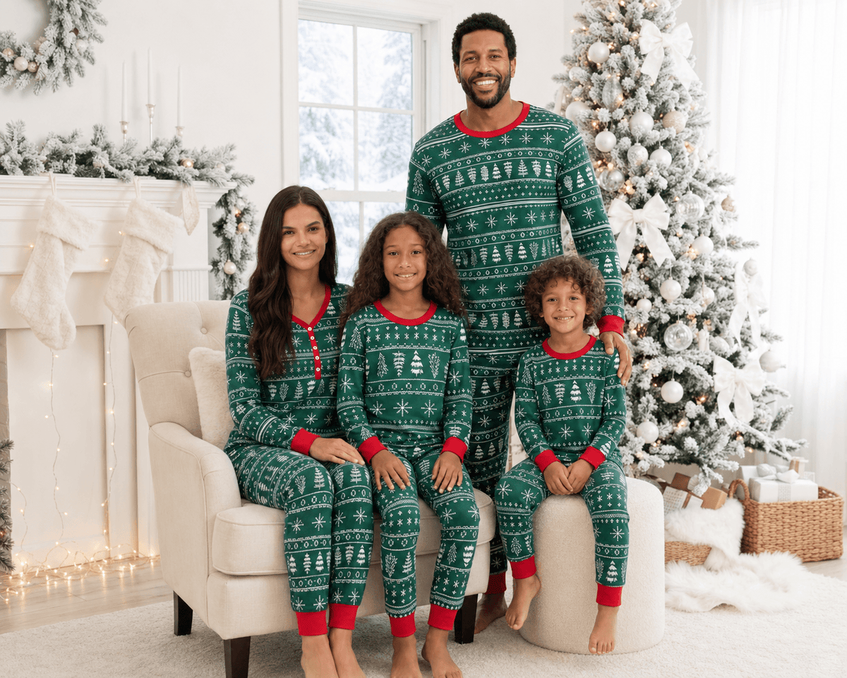 Family wearing matching green Christmas tree print pyjamas with red cuffs - view 4