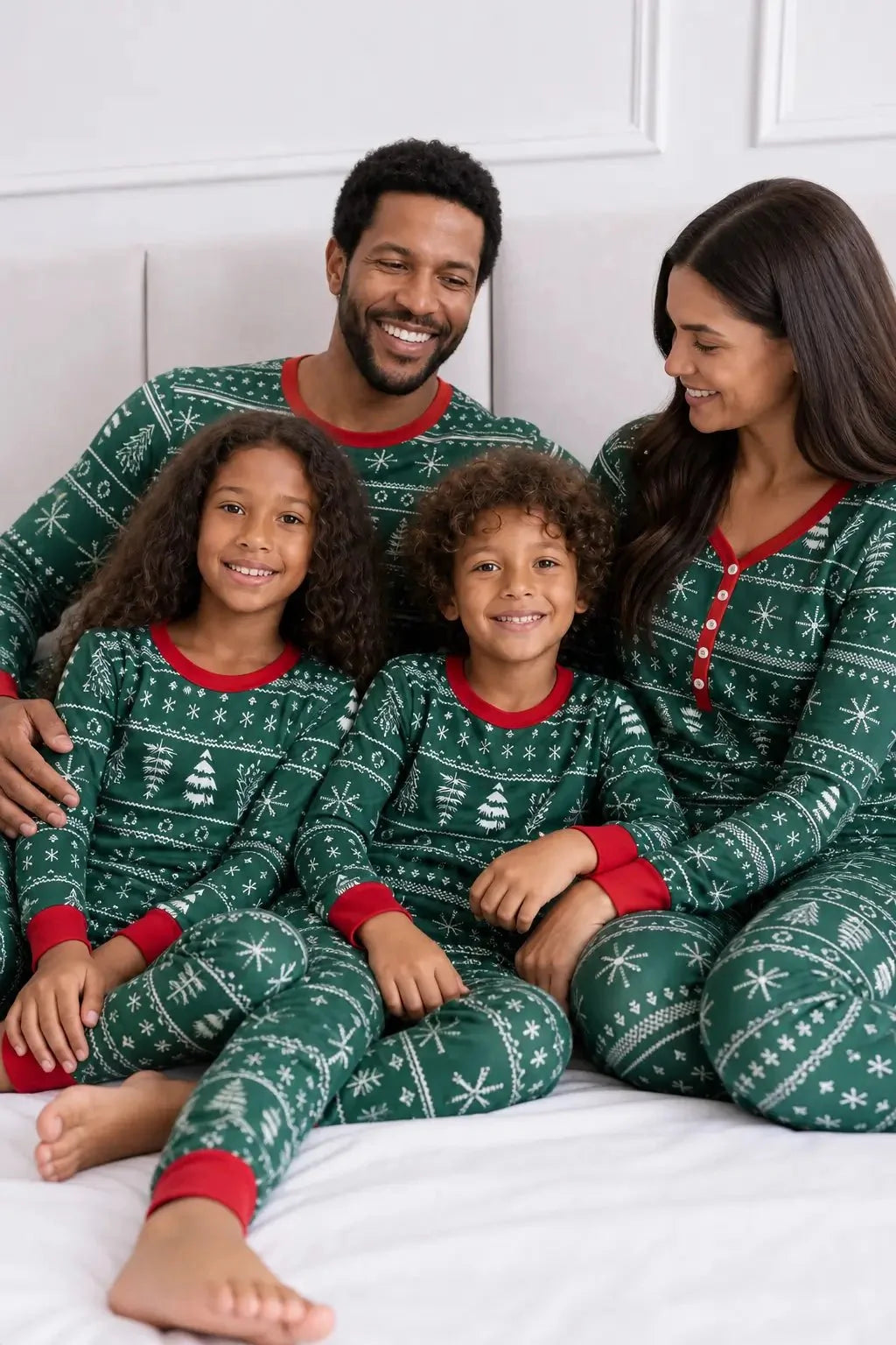 Family wearing matching green Christmas tree print pyjamas with red cuffs - view 5