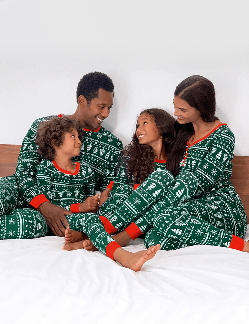 Family wearing matching green Christmas tree print pyjamas with red cuffs - view 6