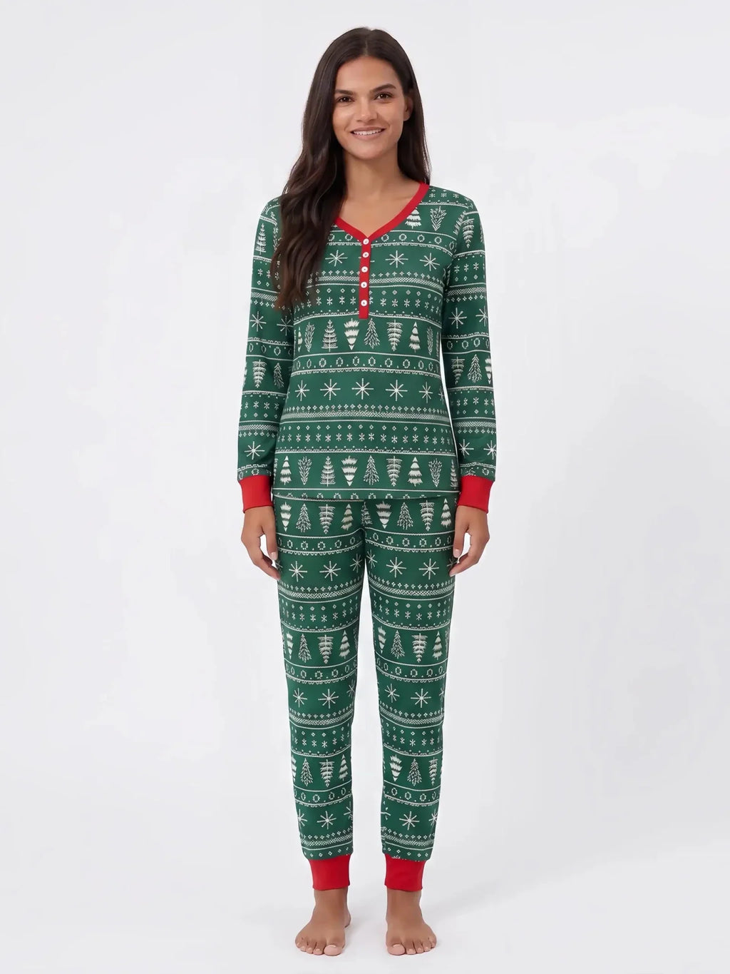 Family wearing matching green Christmas tree print pyjamas with red cuffs - view 9