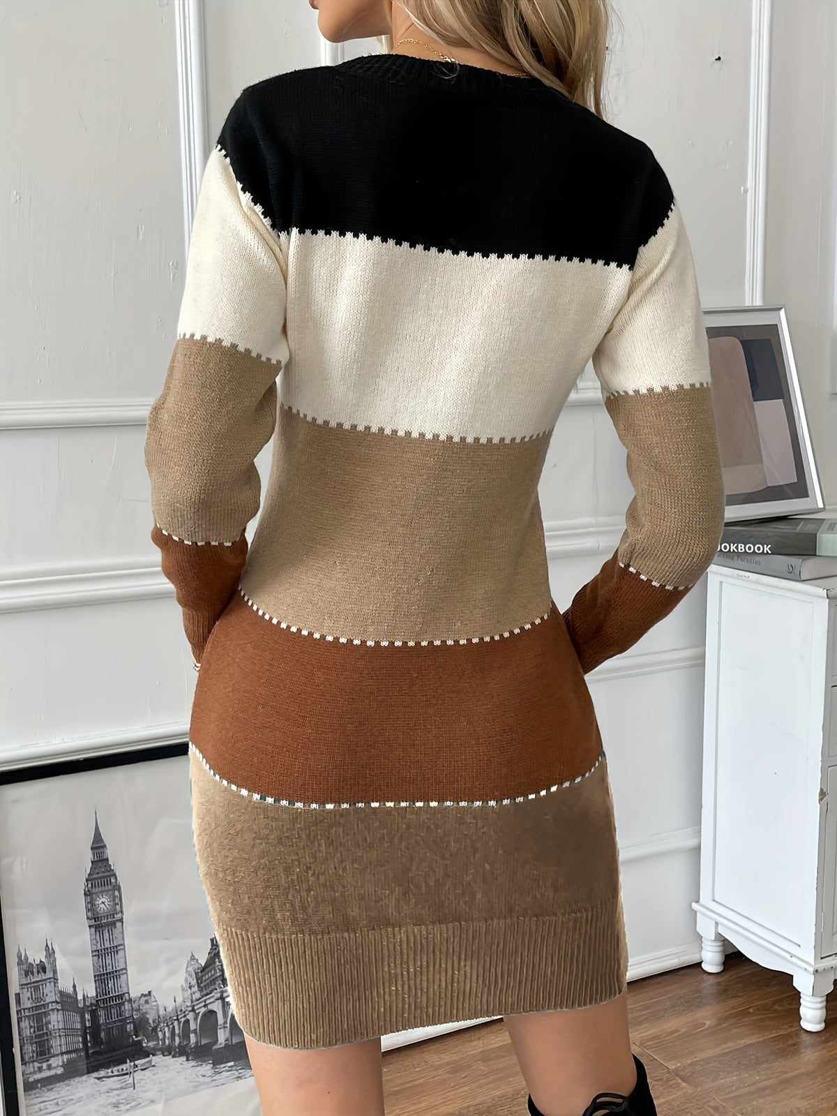 Fitted colour block knit sweater dress with crew neck, long sleeves and contrast stitch trim - view 2