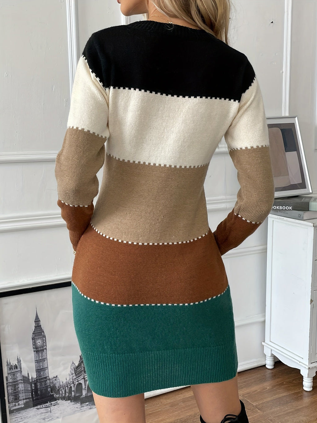 Fitted colour block knit sweater dress with crew neck, long sleeves and contrast stitch trim - view 5