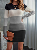 Fitted colour block knit sweater dress with crew neck, long sleeves and contrast stitch trim - view 8