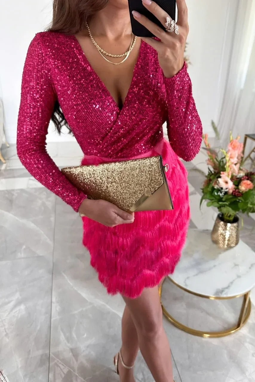 Long sleeve sequin mini dress with wrap V-neck bodice and tiered fringe skirt - view 11