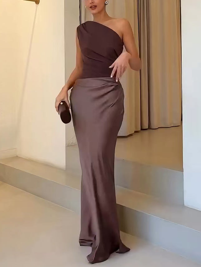 One shoulder maxi dress with ruched bodice and floor-length satin skirt - view 6