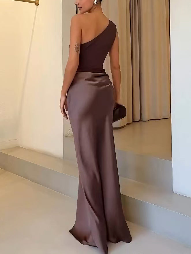 One shoulder maxi dress with ruched bodice and floor-length satin skirt - view 7