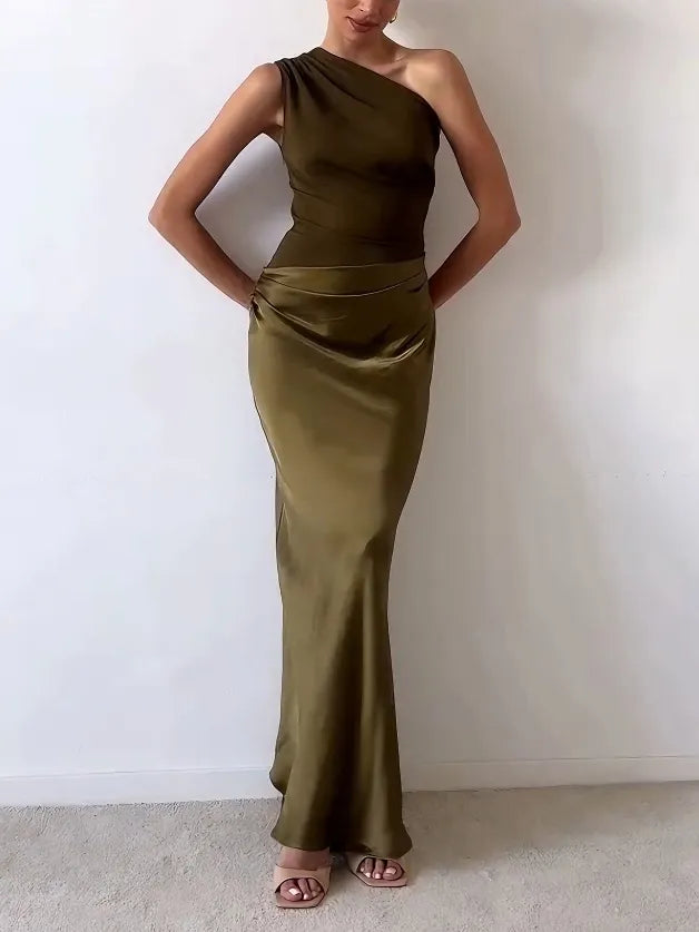 One shoulder maxi dress with ruched bodice and floor-length satin skirt - view 8