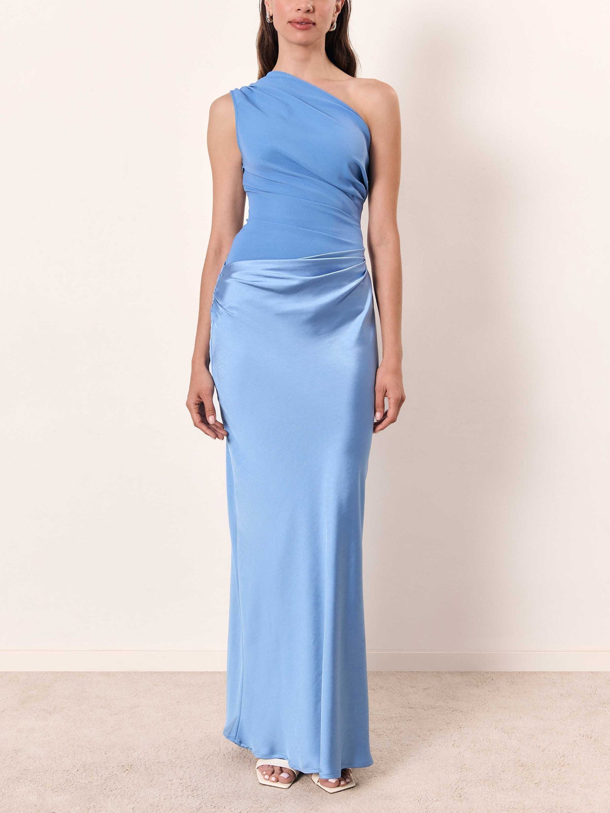 One shoulder maxi dress with ruched bodice and floor-length satin skirt - view 9