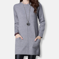 Long sleeve crew neck knit jumper dress with cable-knit patch pockets and high-low hem