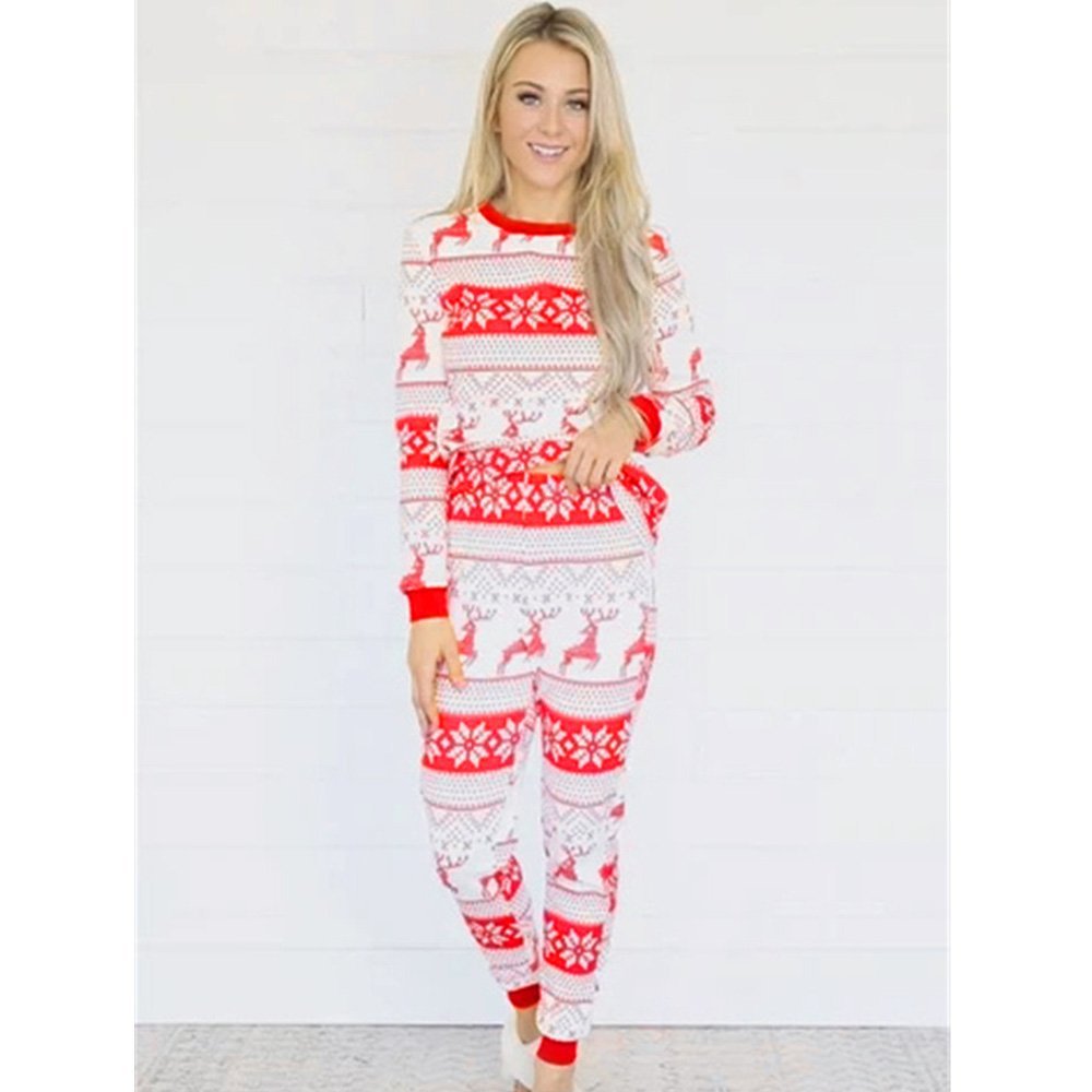 Matching family Christmas pyjamas with red reindeer and snowflake print on white - view 10