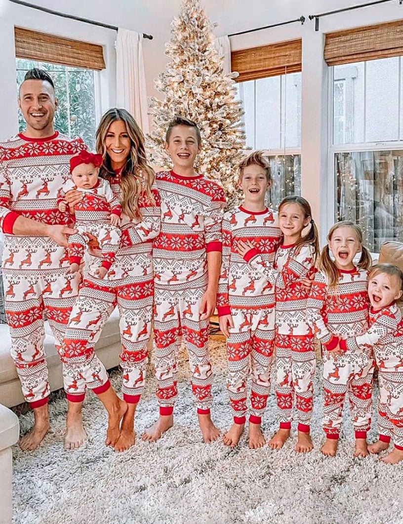Matching family Christmas pyjamas with red reindeer and snowflake print on white - view 11