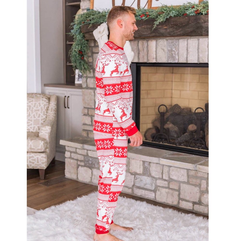 Matching family Christmas pyjamas with red reindeer and snowflake print on white - view 12
