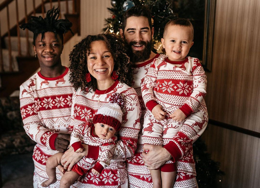 Matching family Christmas pyjamas with red reindeer and snowflake print on white - view 2