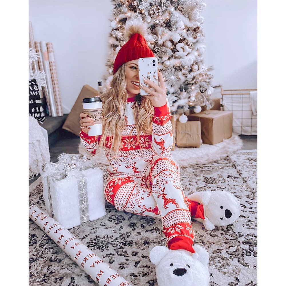 Matching family Christmas pyjamas with red reindeer and snowflake print on white - view 3