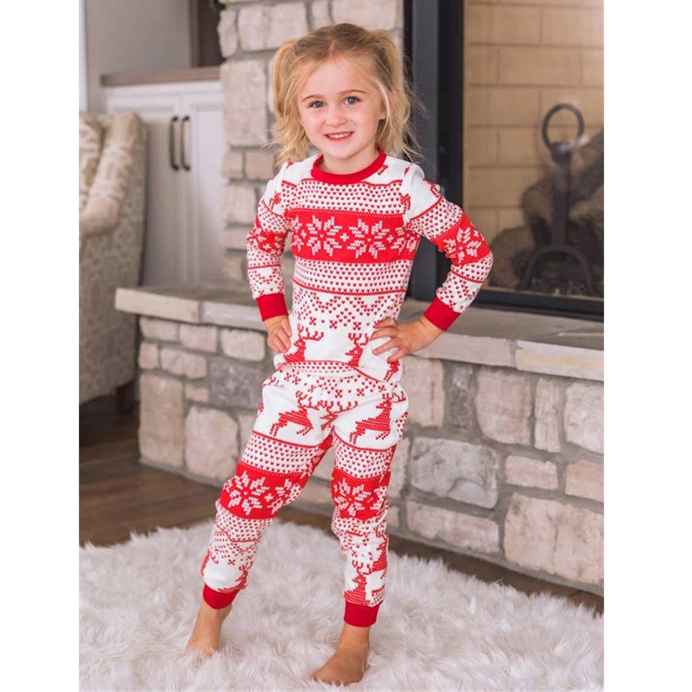 Matching family Christmas pyjamas with red reindeer and snowflake print on white - view 4