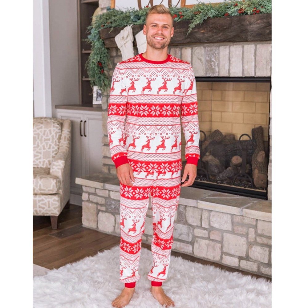 Matching family Christmas pyjamas with red reindeer and snowflake print on white - view 6