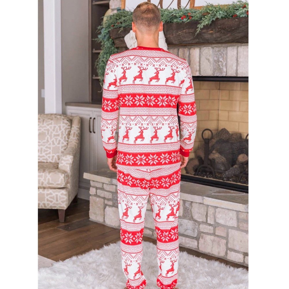 Matching family Christmas pyjamas with red reindeer and snowflake print on white - view 7