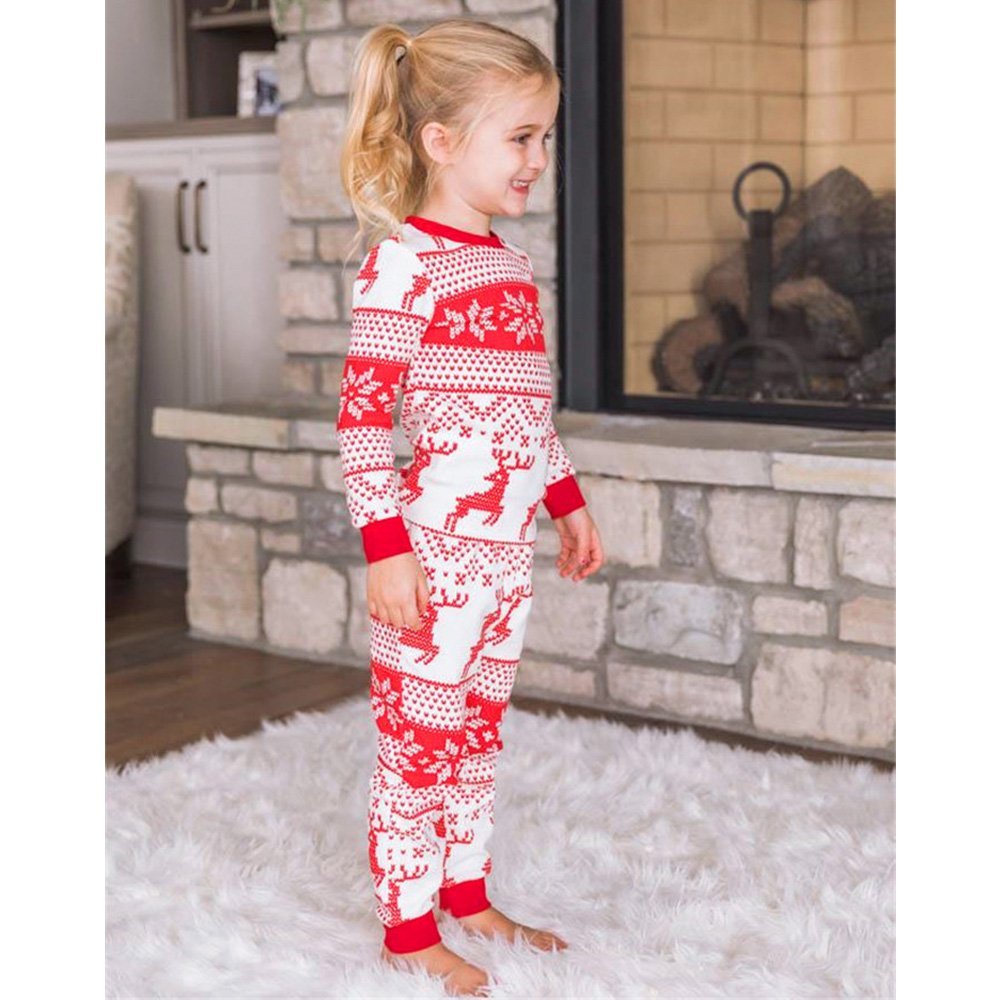 Matching family Christmas pyjamas with red reindeer and snowflake print on white - view 8