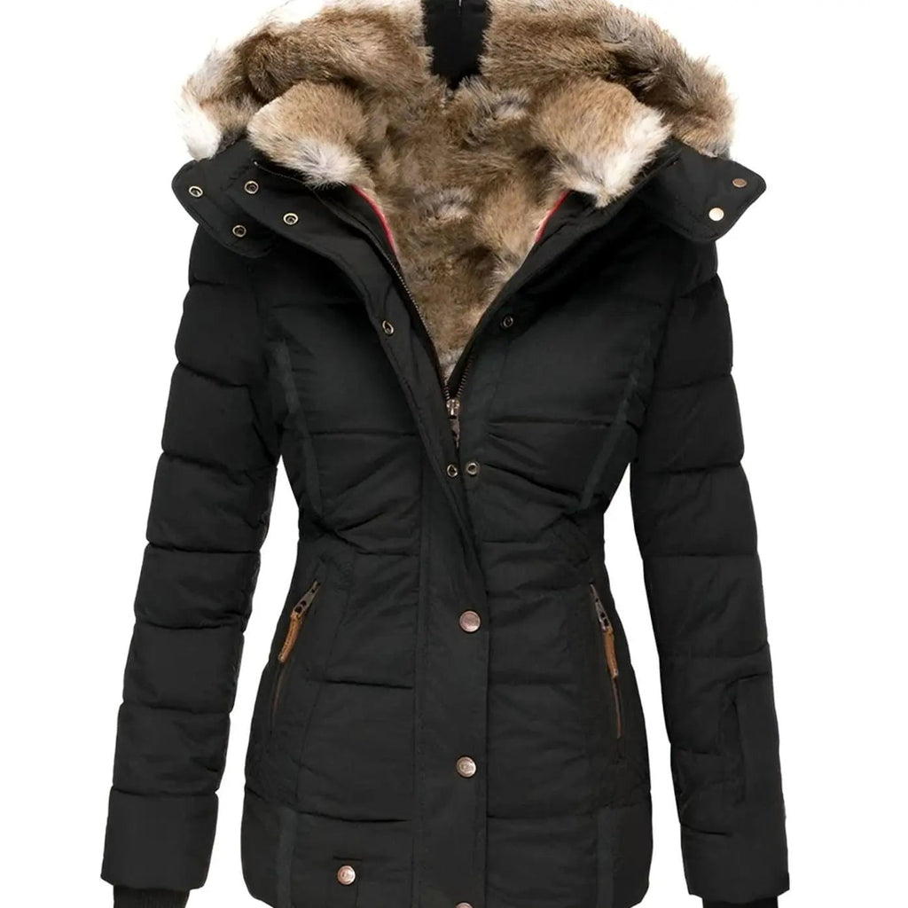 Women's fitted quilted puffer jacket with faux fur lined hood and zip pockets