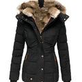 Women's fitted quilted puffer jacket with faux fur lined hood and zip pockets