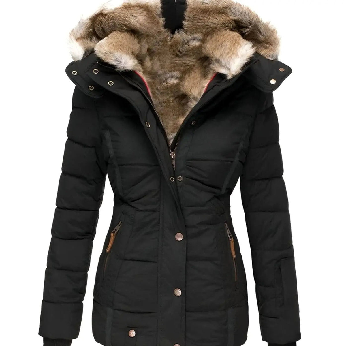 Women's fitted quilted puffer jacket with faux fur lined hood and zip pockets