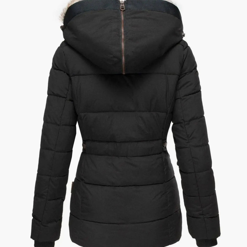 Women's fitted quilted puffer jacket with faux fur lined hood and zip pockets - view 7