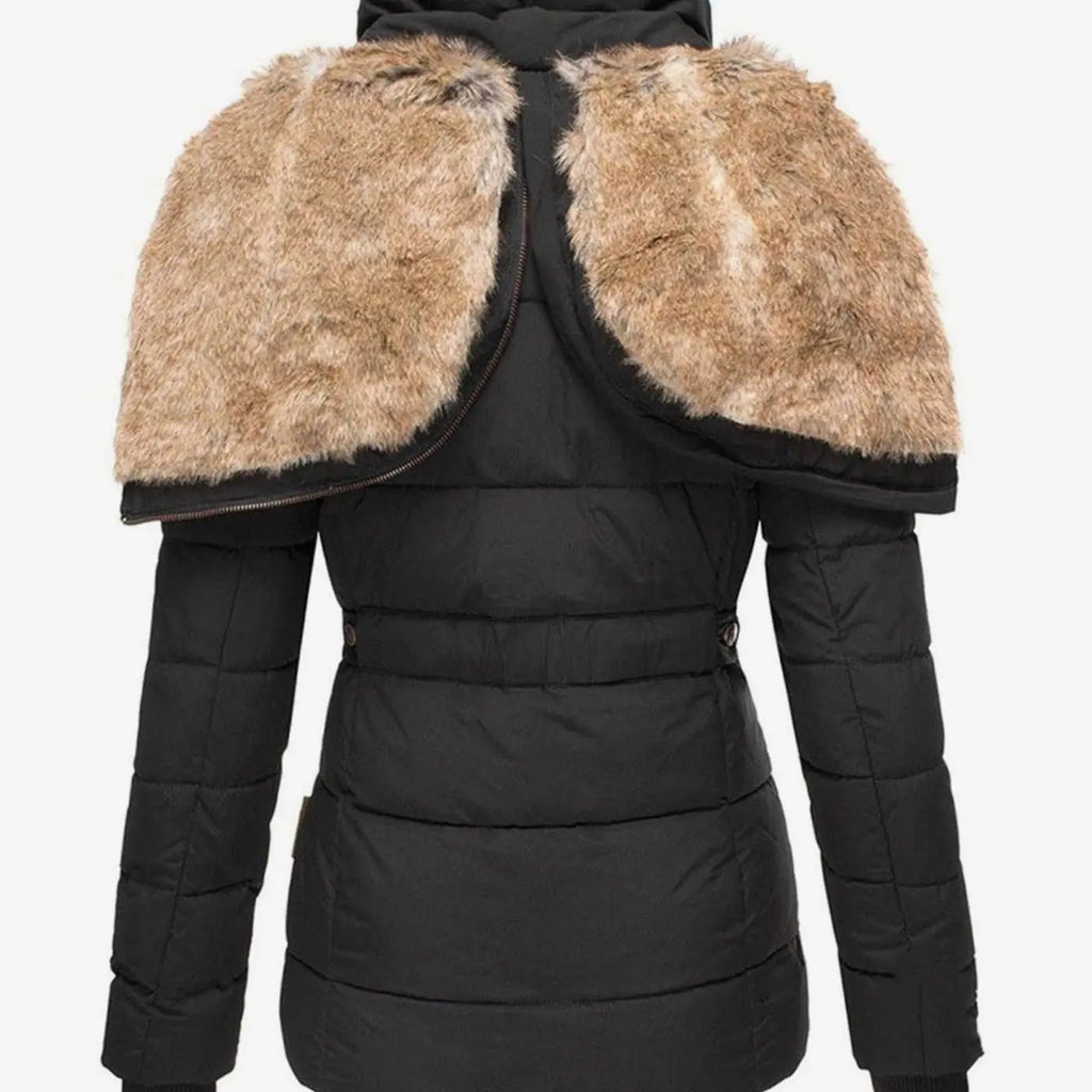 Women's fitted quilted puffer jacket with faux fur lined hood and zip pockets - view 8