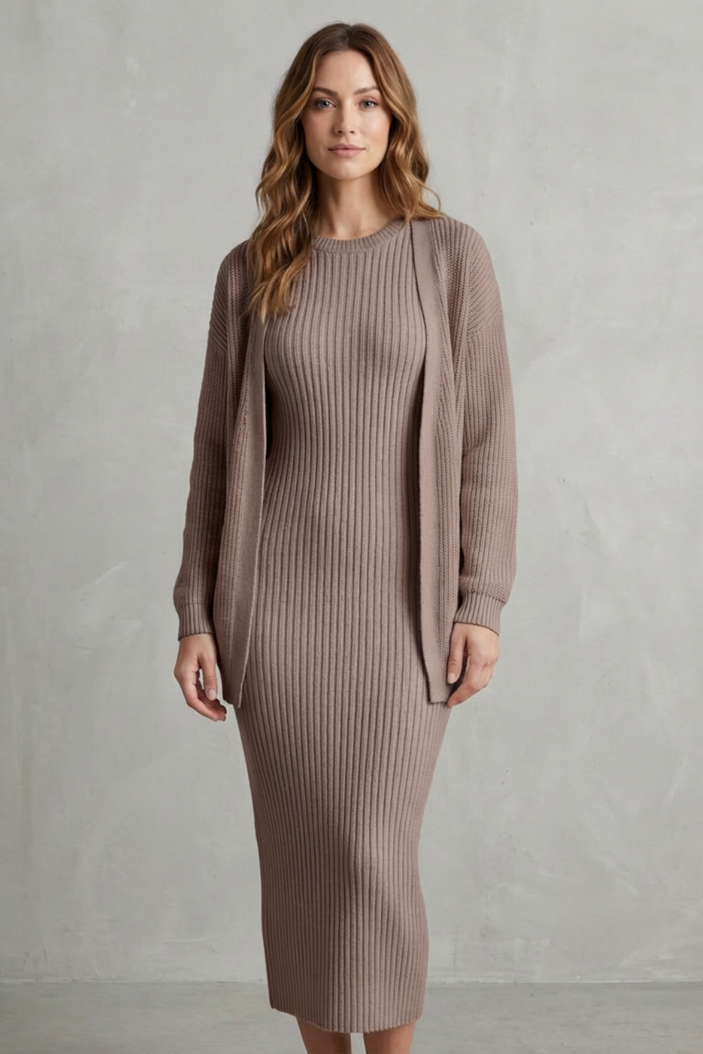 Mara ribbed knit midi jumper dress with matching open-front cardigan - view 10