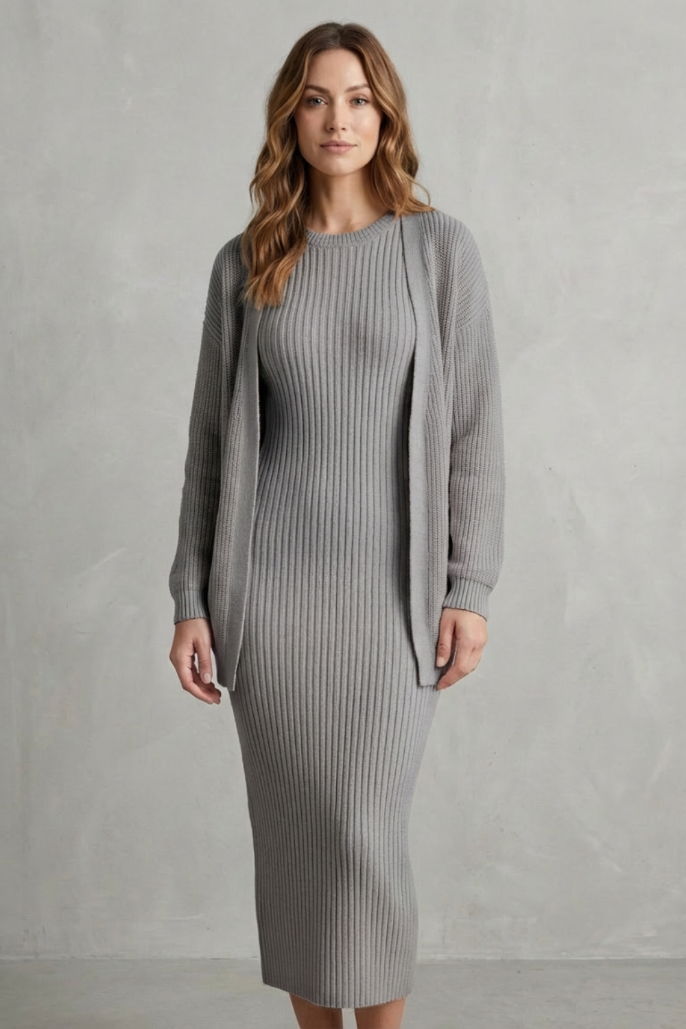 Mara ribbed knit midi jumper dress with matching open-front cardigan - view 12