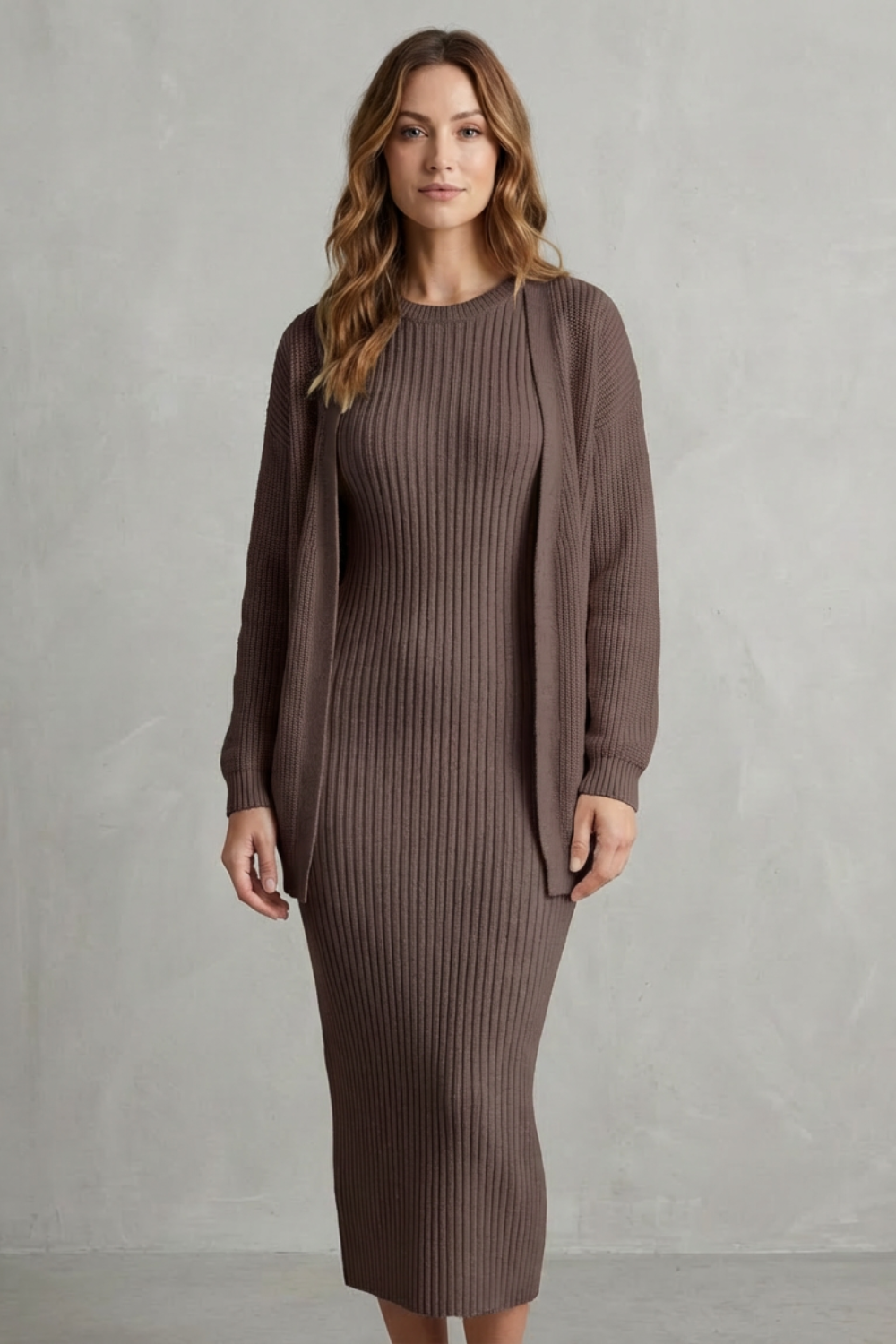 Mara ribbed knit midi jumper dress with matching open-front cardigan - view 14
