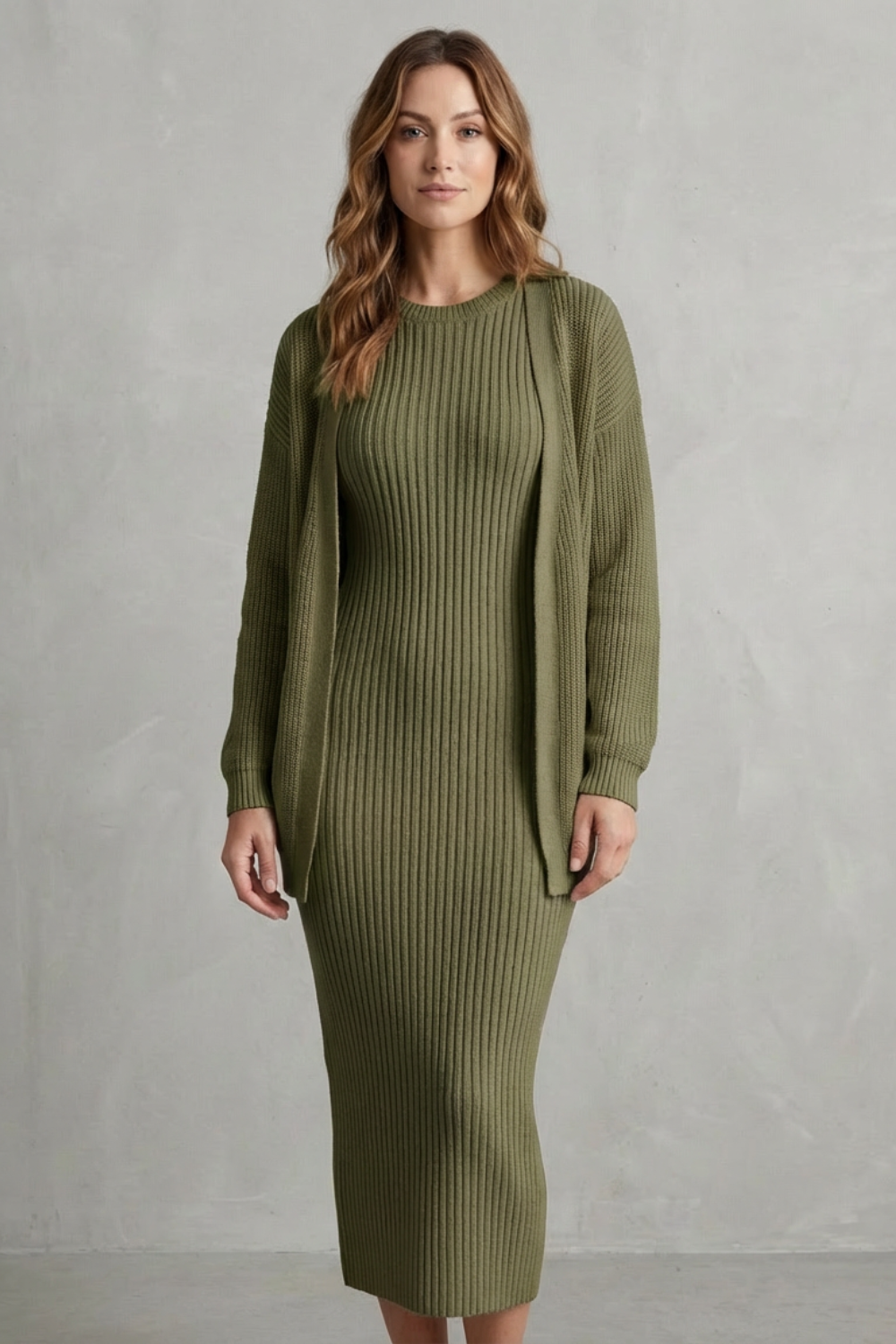 Mara ribbed knit midi jumper dress with matching open-front cardigan - view 16