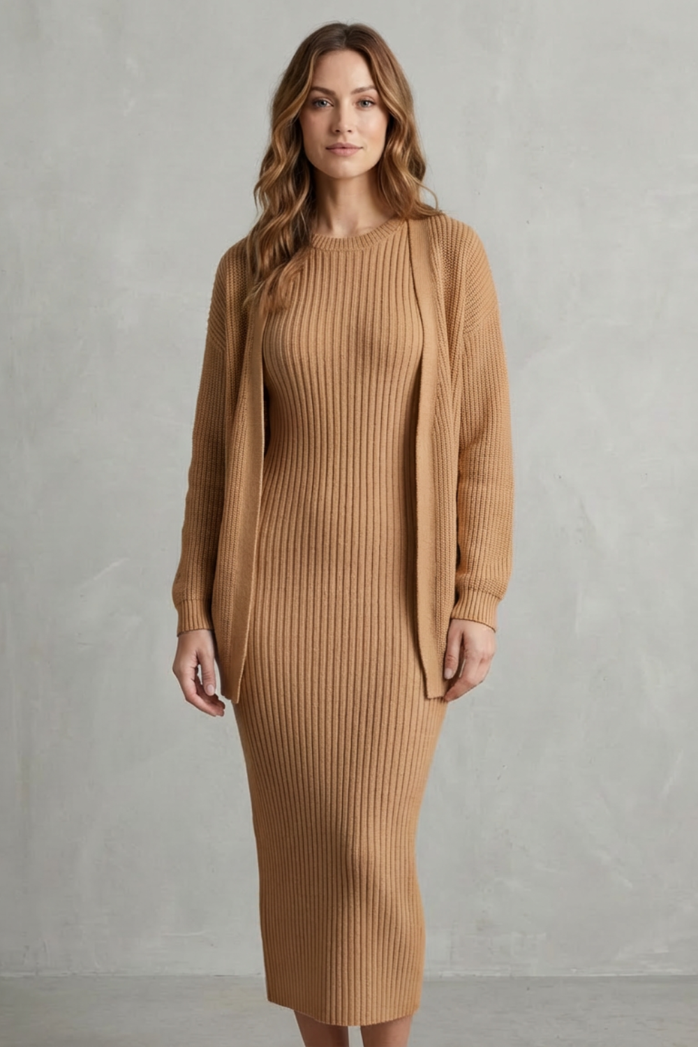 Mara ribbed knit midi jumper dress with matching open-front cardigan - view 18