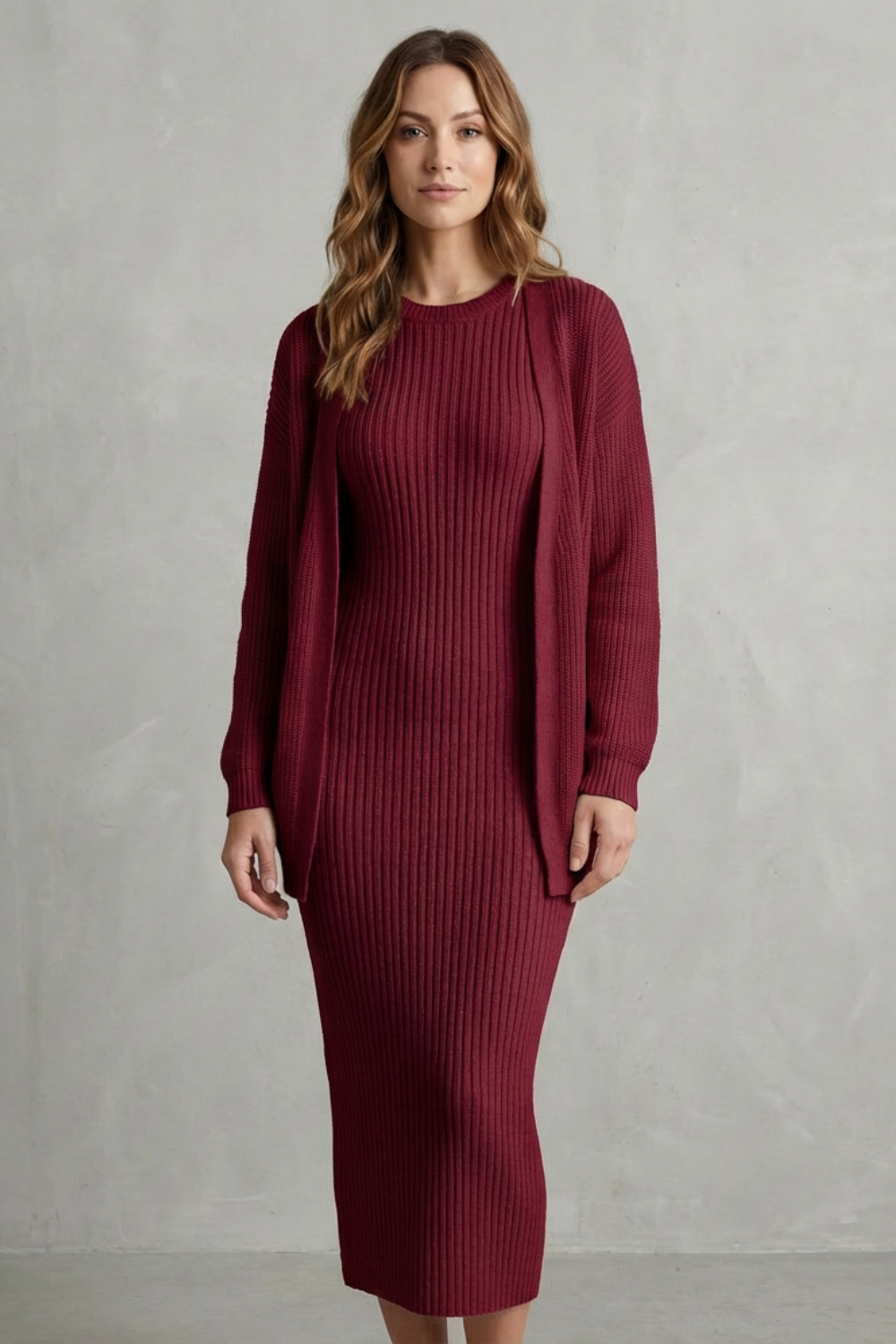 Mara ribbed knit midi jumper dress with matching open-front cardigan - view 20