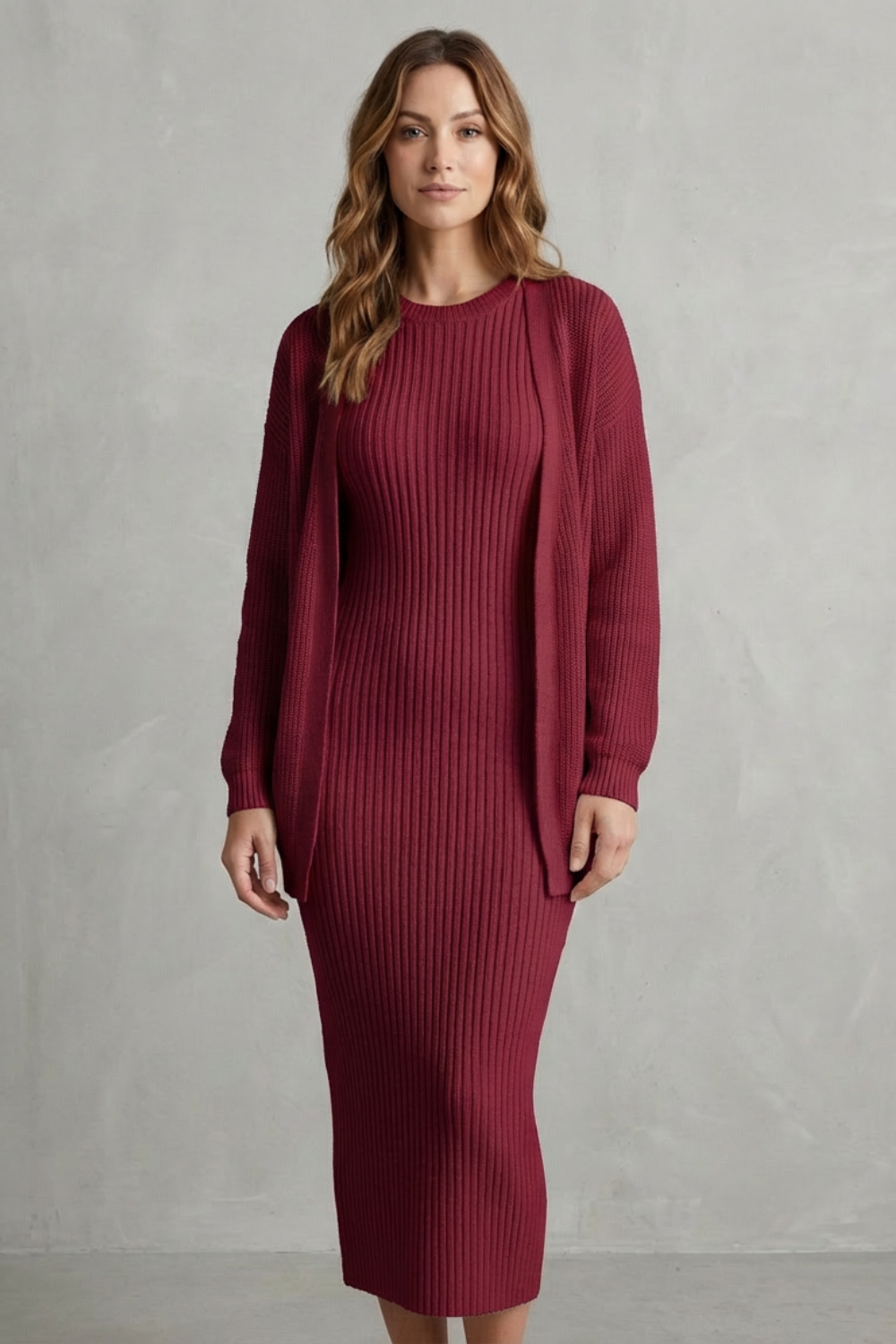 Mara ribbed knit midi jumper dress with matching open-front cardigan - view 22