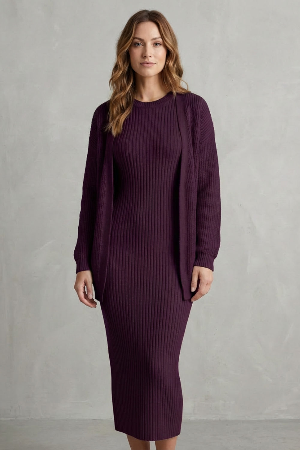 Mara ribbed knit midi jumper dress with matching open-front cardigan - view 24