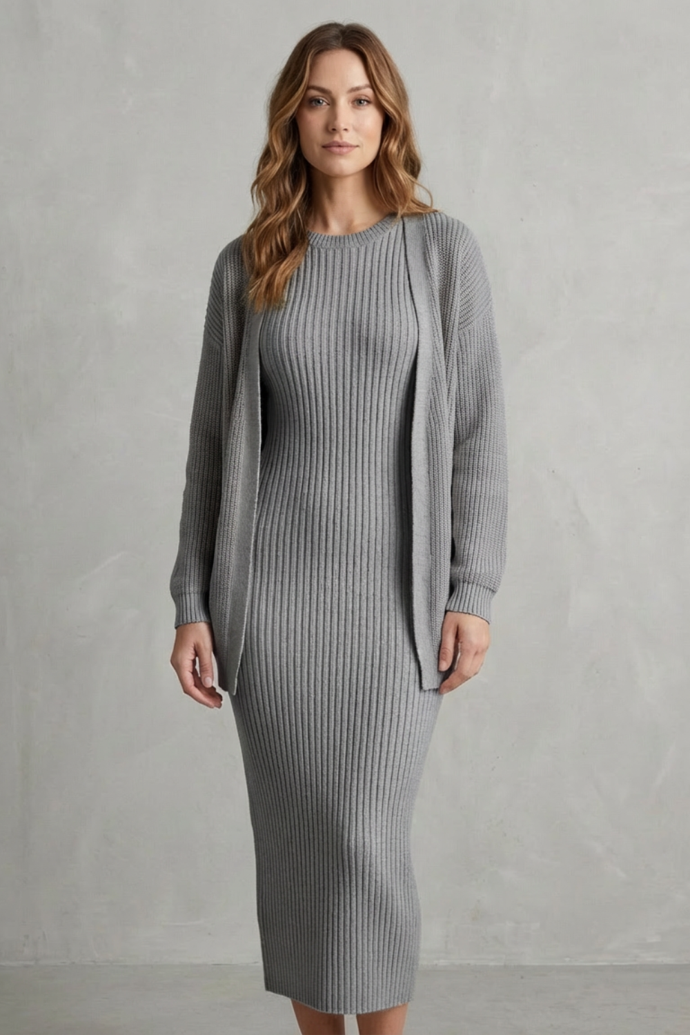Mara ribbed knit midi jumper dress with matching open-front cardigan - view 26