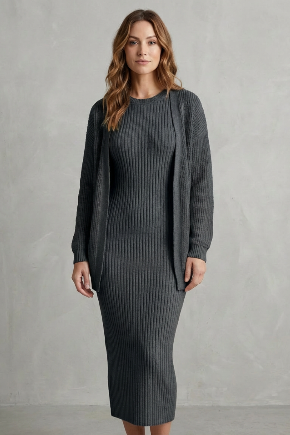 Mara ribbed knit midi jumper dress with matching open-front cardigan - view 28