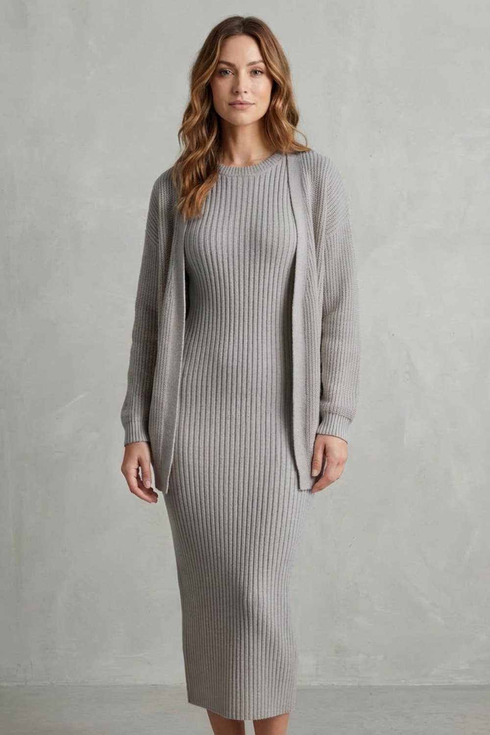 Mara ribbed knit midi jumper dress with matching open-front cardigan - view 30
