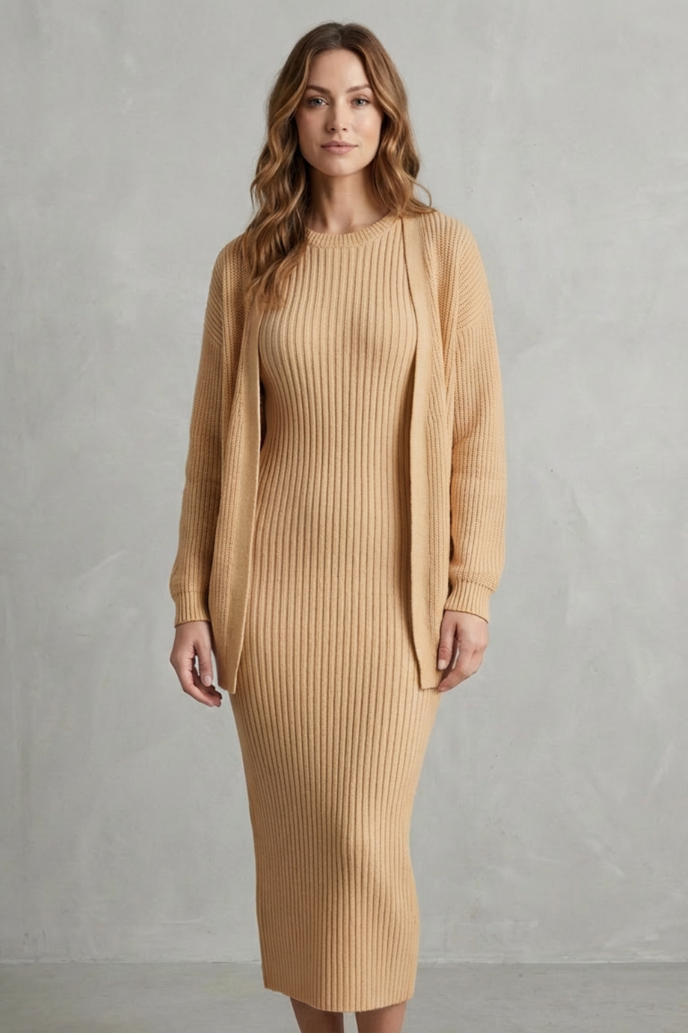 Mara ribbed knit midi jumper dress with matching open-front cardigan - view 32