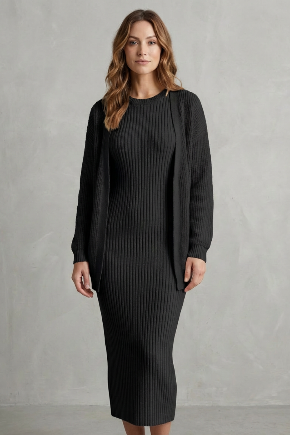 Mara ribbed knit midi jumper dress with matching open-front cardigan - view 6